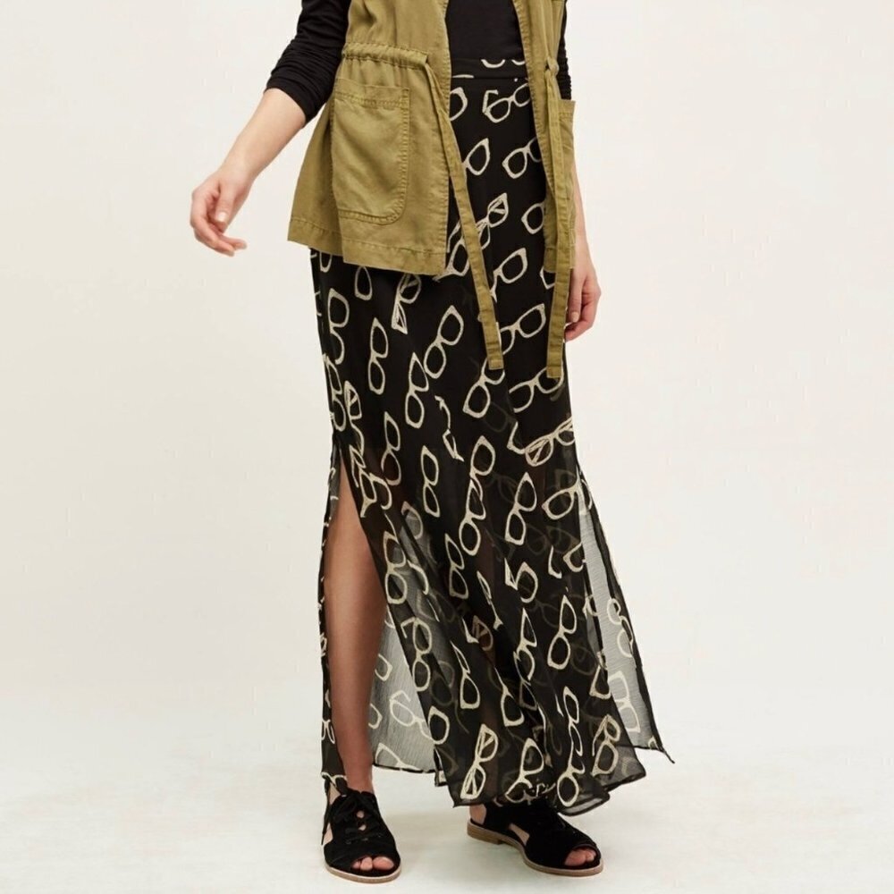 Anthropologie Eva Franco 6 Maxi Skirt Black Tan Bookish Sheer Overlay Glasses - Picture 2 of 10